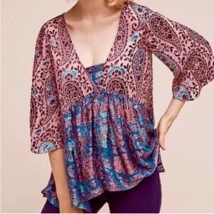 Floreat Anthropologie Valo Silk Blend Boho Swing Velvet Blouse Burnout Teal Pink
